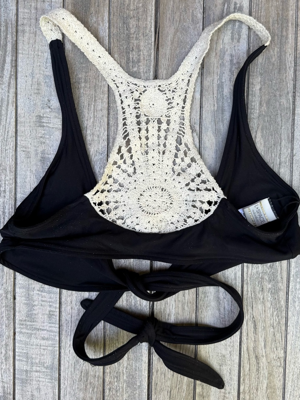 l*space Black Bikini Top with Ivory Crochet Racerback